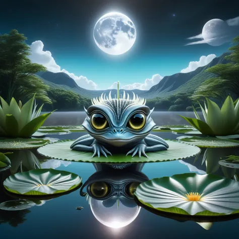 surreal digital painting, bright moon casting silver beams across a serene lake, colossal-eyed alien creature perched atop a lil...