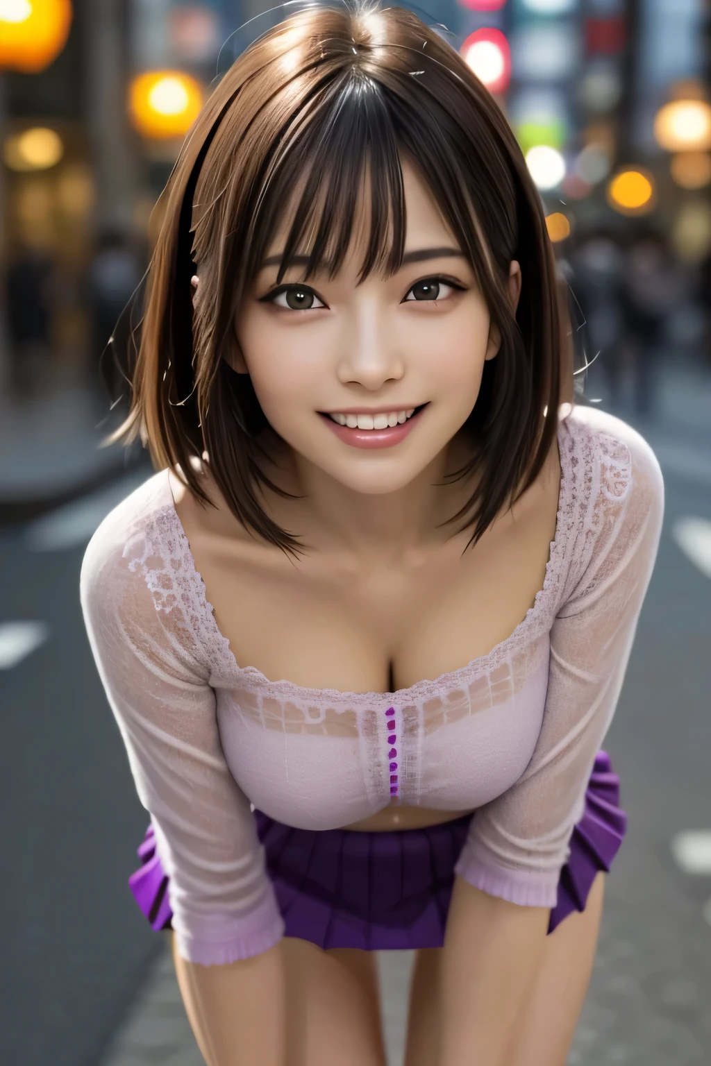 (Photoreal:1.4), (Super detailed), (highest quality), (best shadow), (masterpiece), ultra high resolution, 1 Ultimate beautiful mature woman, highly detailed face, (perfect teeth), fine eyes, double eyelid, eyelash, lip details, short black hair, (light purple fancy blouse:1.2), (red tight mini skirt:1.3), light pink panties, (big breasts), grin and laugh, thighs, Depth of written boundary, perfect lighting, With background: (Tokyo Ginza street)