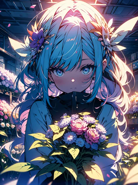 (very detailed anime、 8k wallpaper), lit, sea of flowers, flowers, (1 girl), Upper body, K-POPアイドル,colorful colors、bright atmosp...