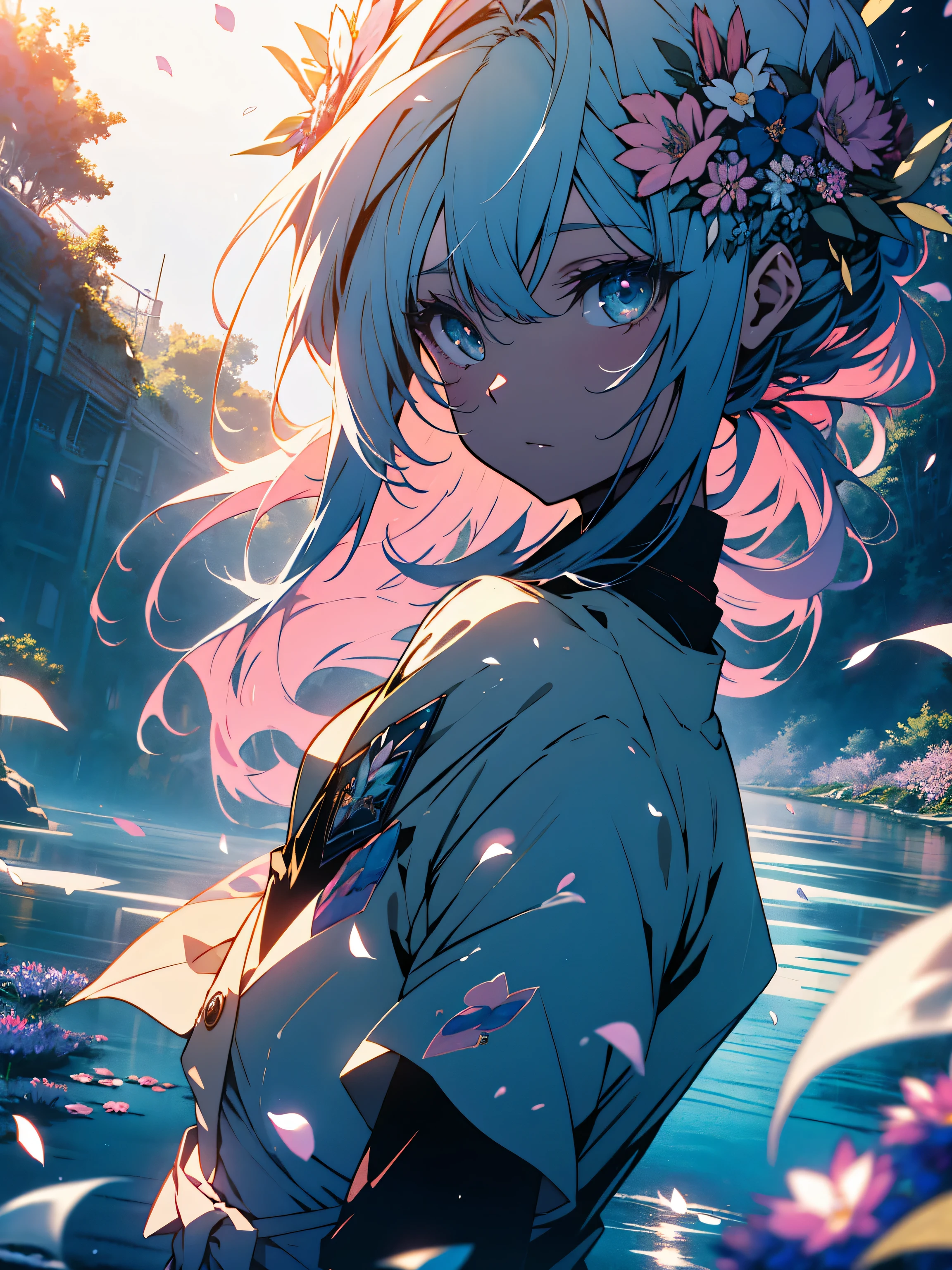 (very detailed anime、 8k wallpaper), lit, sea of flowers, flowers, (1 girl), Upper body, K-POPアイドル,colorful colors、bright atmosphere、beautiful anime、cute