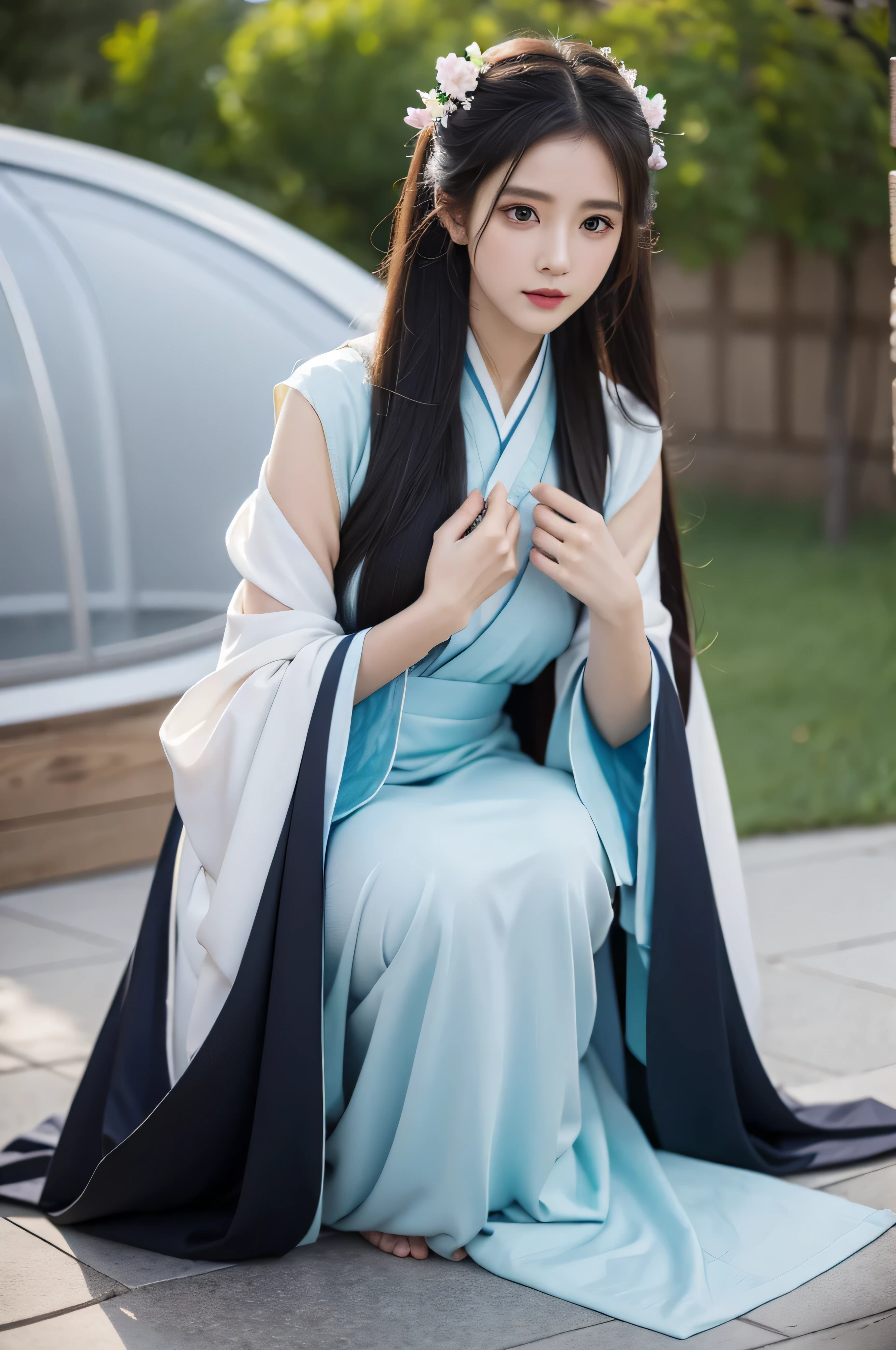 Fair, masterpiece, best quality, extremely detailed face,1 girl, alone，wrap your chest，hanfu，kneeling position