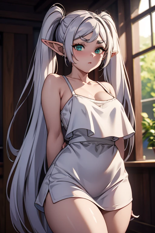 1girl,solo,elf,white hair,grey hair,earrisleeveless dress,white dress,sleeveless dress,bare shoulders,collarbone,ngs,pointy ears,long hair,ponytail,green eyes,twintails,parted bangs,thick eyebrows,nsfw,small breasts,cleavage,arms behind back,, 20yo,Young female,Beautiful Finger,Beautiful long legs,Beautiful body,Beautiful Nose,Beautiful character design, perfect eyes, perfect face,expressive eyes,looking at viewer, official art,extremely detailed CG unity 8k wallpaper, perfect lighting,Colorful, Bright_Front_face_Lighting,shiny skin, (masterpiece:1.0),(best_quality:1.0), ultra high res,4K,ultra-detailed, photography, 8K, HDR, highres, absurdres:1.2, Kodak portra 400, film grain, blurry background, bokeh:1.2, lens flare, (vibrant_color:1.2), (beautiful_face:1.5),(narrow_waist), ,NSFW,, Exquisite visuals, high-definition,masterpiece,best quality,
