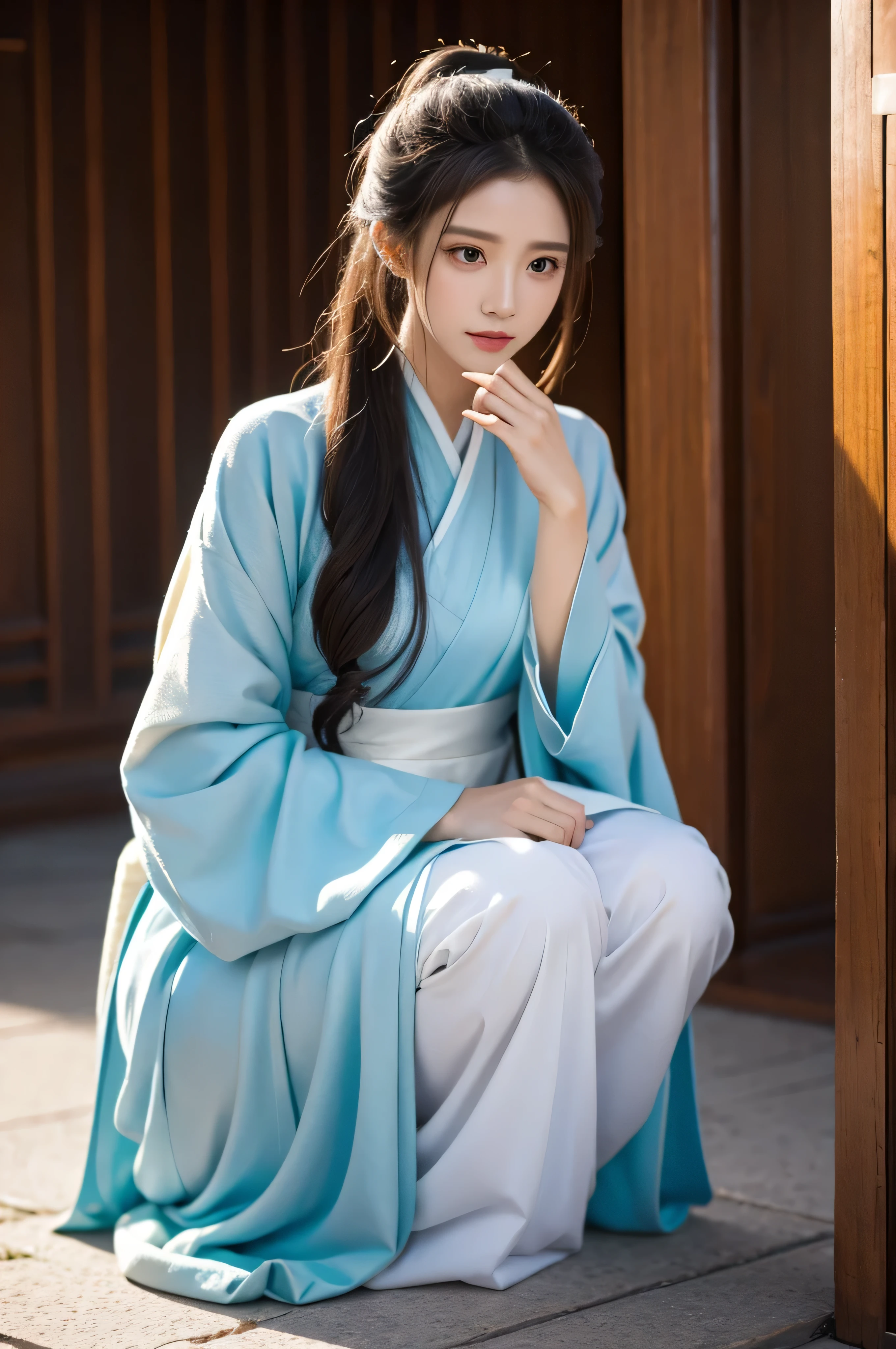 Fair, masterpiece, best quality, extremely detailed face,1 girl, alone，wrap your chest，hanfu，kneeling position