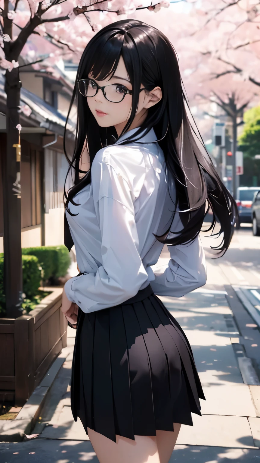 ((best quality)), ((masterpiece)), (detailed), (High contrast natural side daylight, Dynamic lighting, movie lighting), anime style, (((whole body))), Cute Japanese girl, ((Carrying the camera behind your back, Look back)), perfect body structure:1.0, attractive body shape, Smooth and fair skin, (((Extra long)))Black slightly wavy hair, Long hair blowing in the wind, ((Super fine hair quality)), ((Shocking hair quality)), ((perfect hair quality)), Long and sexy legs, (((perfect feet品質))), (((Perfect hand quality))), Looks cute, long eye hair, thin eyebrows, big eyes, dark brown pupils, Slightly blush, Smile, Rimless glasses
((symmetrical clothes, Uniforms, white collar shirt, Black pleated student skirt，dark stockings, Dark student shoes)), Perfect clothing texture, perfect feet, (Beautiful scenery), (Breeze outdoors), Peaceful Japanese city broad streets, spring morning, ((Cherry blossoms)), whole body影像, ((Perfect composition)), highlight the subject, (((Eye level photography:1))), (Careful depiction of environmental details:1.5), Depth of field control, ((Turn down color saturation:1.2)), (Japanese style photos:0.3),