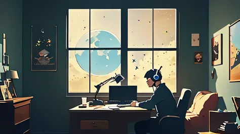 (masterpiece) a boy studying sitting in his room, over his desk, with headphones on, nerd decoration, pokémon plushies on the wa...