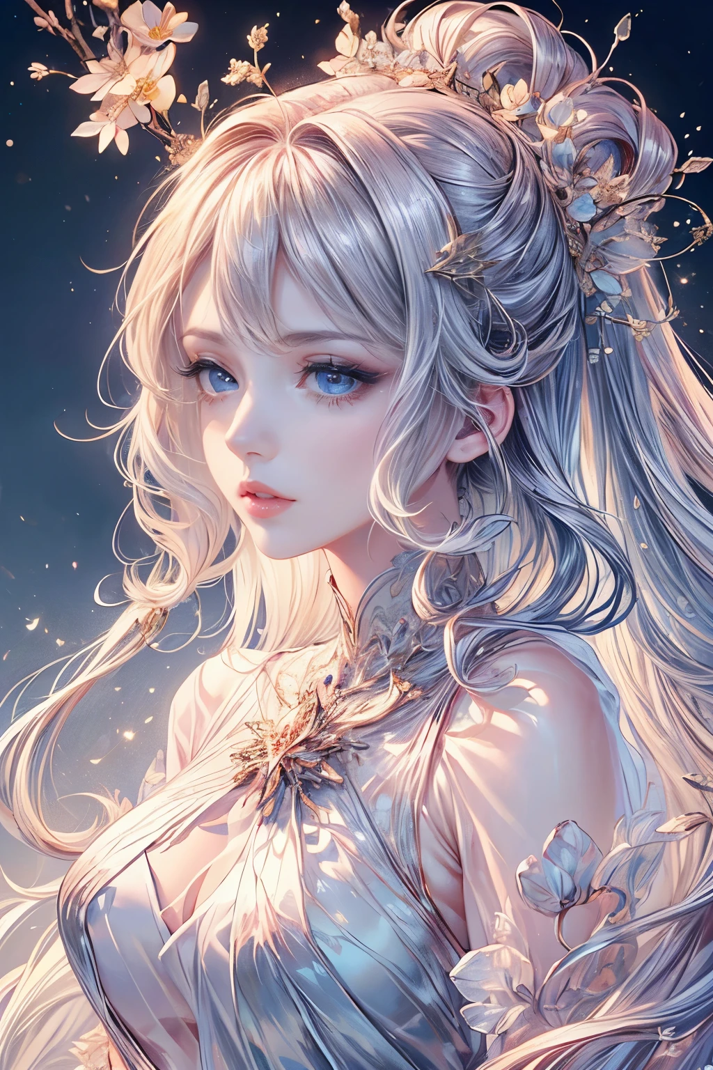 (best quality,8k,CG,detailed upper body,,thumb girl,sheer court gown,floral background,complex facial features,flowing long hair,almond-shaped eyes,delicate eye makeup,fluttering long eyelashes,big blinking eyes,starry sky,exquisite lip details,soft style)