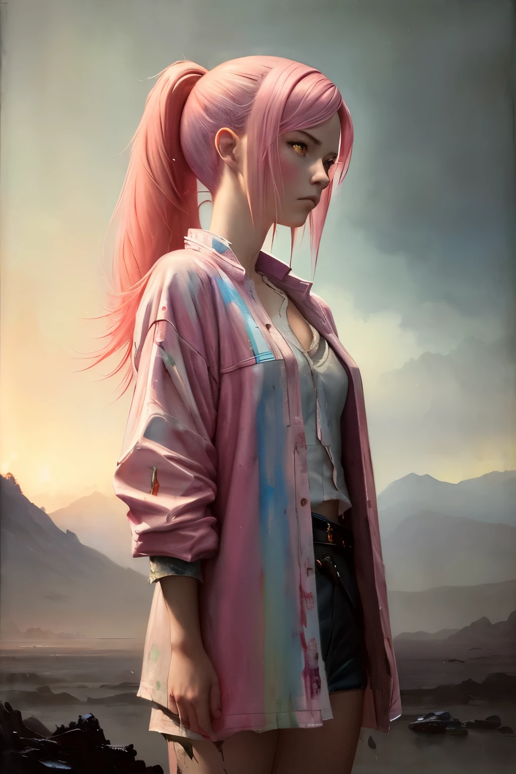 (masterpiece), anime, (photo_\(medium\):1.0), by Antonio J. Manzanedo, by Jeremy Lipking, 1girl, lightning, in a surreal landscape, painting style with watercolor, brushstrokes, unbuttoned, orange eyes, ponytail, pink hair, cyberpunk, japanese clothes