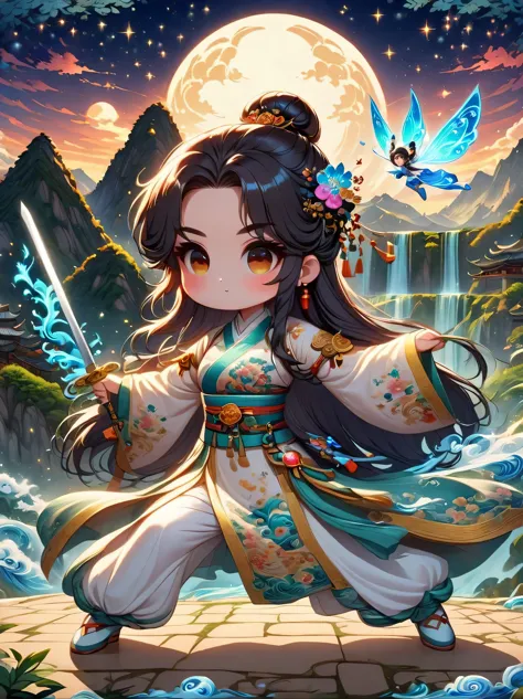 ((imagine))，((whole body))，Snow mountain sword painting method, Ancient style woman&#39;s cold ice flame sword, Holding a sword burning with blue flames, Dancing with a sword in white clothes, long hair flowing in the snow, Beautiful woman holding a silver...