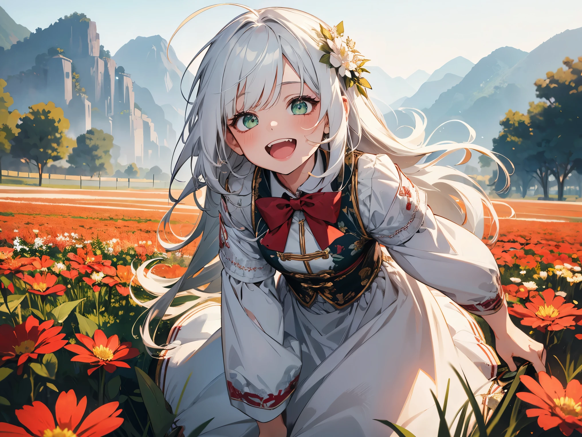 1 girl, kid, wearing a white dress, white hair, long hair, face to detail, detailed eyes, green eyes, red bowtie, the background is a flower field in china, full perspective, laughing