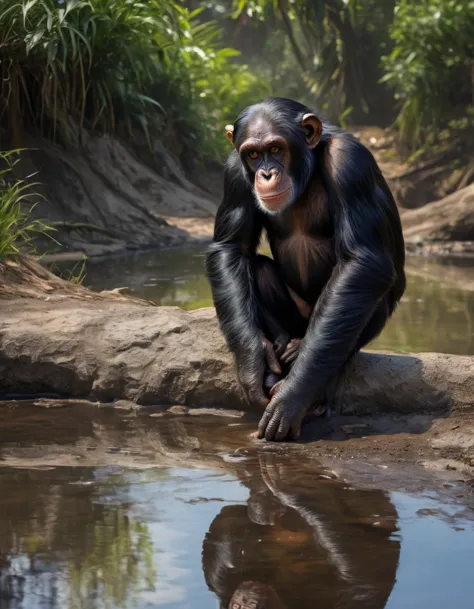 (best quality,4k,highres,masterpiece:1.2),a chimpanzee looking into a puddle,reflected image of a man in a suit,very detailed ch...