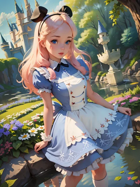 (masterpiece), (best quality), (extremely detailed), Malicious Alice liddell, blue dress, white apron, long pink hair, black hai...