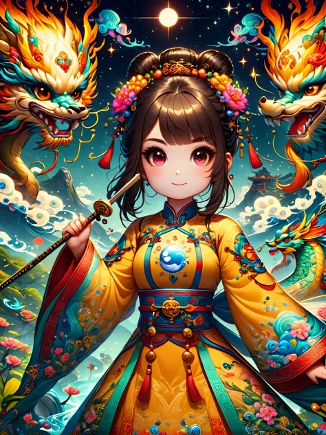 Authentic depiction of a woman in sparkling clothing，Encapsulated in a kawaii aesthetic with liquid light elements，Reflecting the deep connection with the essence of Chinese culture and fairy tales。the work highlights intricate details that might otherwise...