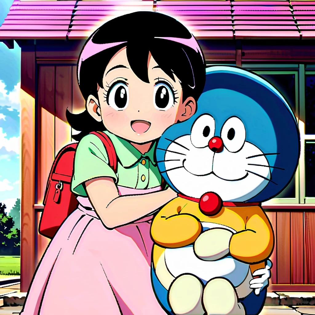 Shizuka Minamoto, Doraemon heroine, and her iconic short black hair, doe&#39;s big eyes, and fair complexion; Wearing a pink dress，Carrying a red backpack; Cover your cheeks with your hands and smile softly, With the nostalgic campus as the background; Shot in retro anime style, Reminiscent of a DVD screen capture from a movie, embrace subtlety, pastel color palette, Exudes a charming and lively atmosphere.