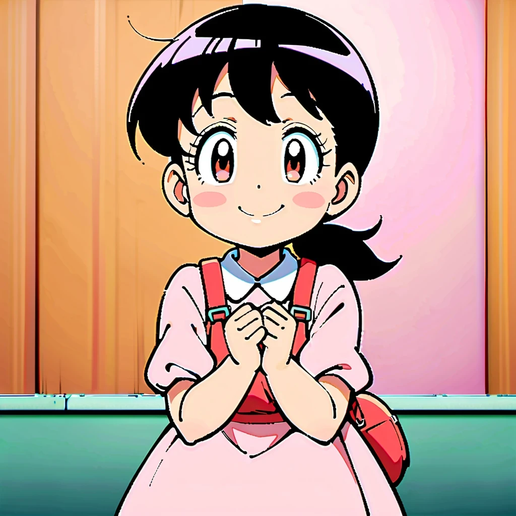 Shizuka Minamoto, Doraemon heroine, and her iconic short black hair, doe&#39;s big eyes, and fair complexion; Wearing a pink dress，Carrying a red backpack; Cover your cheeks with your hands and smile softly, With the nostalgic campus as the background; Shot in retro anime style, Reminiscent of a DVD screen capture from a movie, embrace subtlety, pastel color palette, Exudes a charming and lively atmosphere.