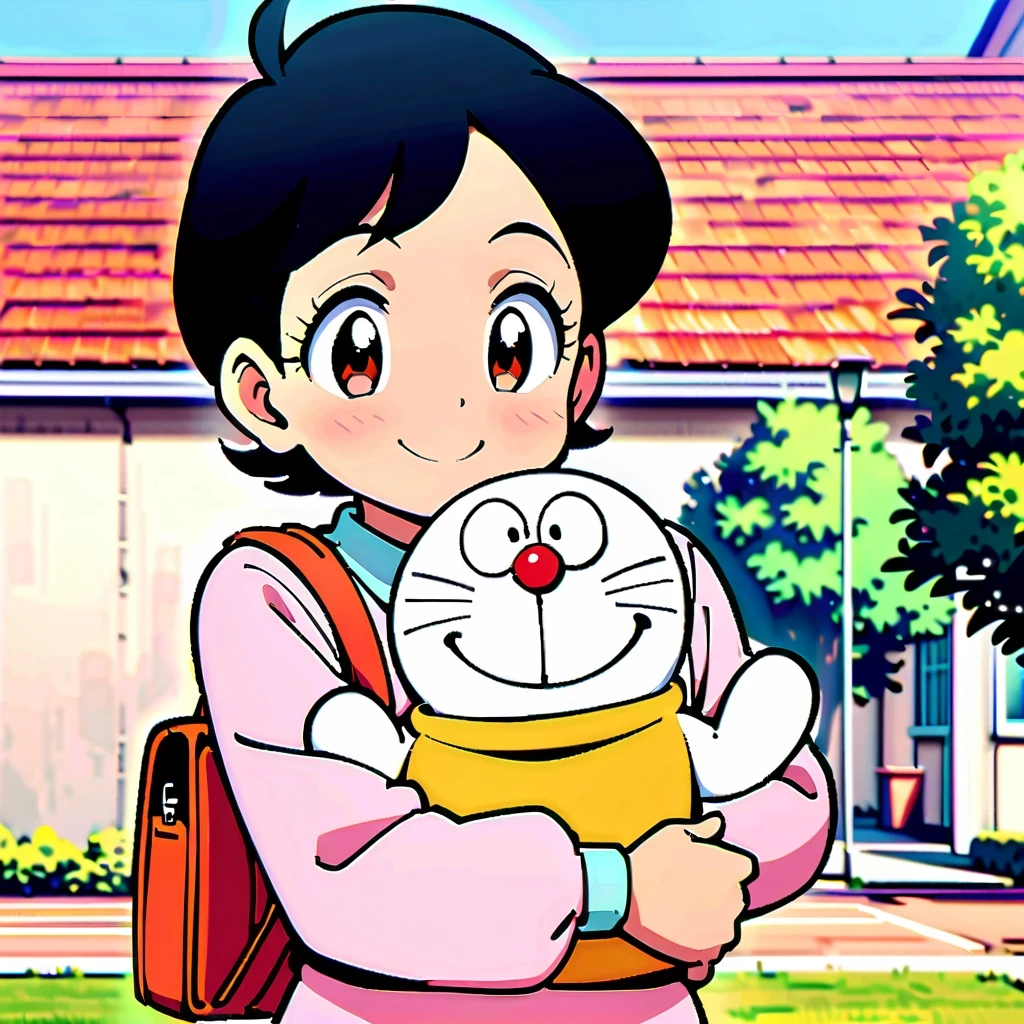 Shizuka Minamoto, Doraemon heroine, and her iconic short black hair, doe&#39;s big eyes, and fair complexion; Wearing a pink dress，Carrying a red backpack; Cover your cheeks with your hands and smile softly, With the nostalgic campus as the background; Shot in retro anime style, Reminiscent of a DVD screen capture from a movie, embrace subtlety, pastel color palette, Exudes a charming and lively atmosphere.