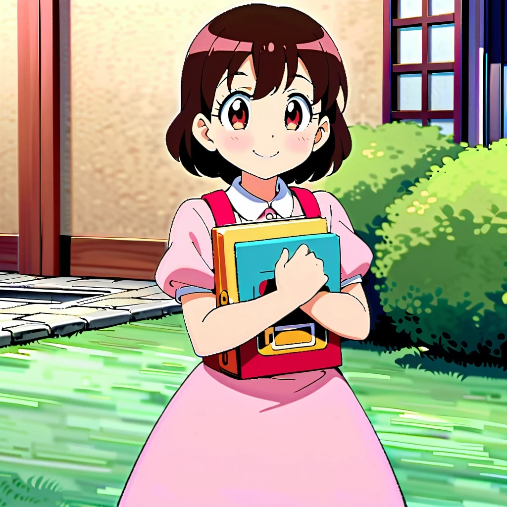 Shizuka Minamoto, Doraemon heroine, and her iconic short black hair, doe&#39;s big eyes, and fair complexion; Wearing a pink dress，Carrying a red backpack; Cover your cheeks with your hands and smile softly, With the nostalgic campus as the background; Shot in retro anime style, Reminiscent of a DVD screen capture from a movie, embrace subtlety, pastel color palette, Exudes a charming and lively atmosphere.