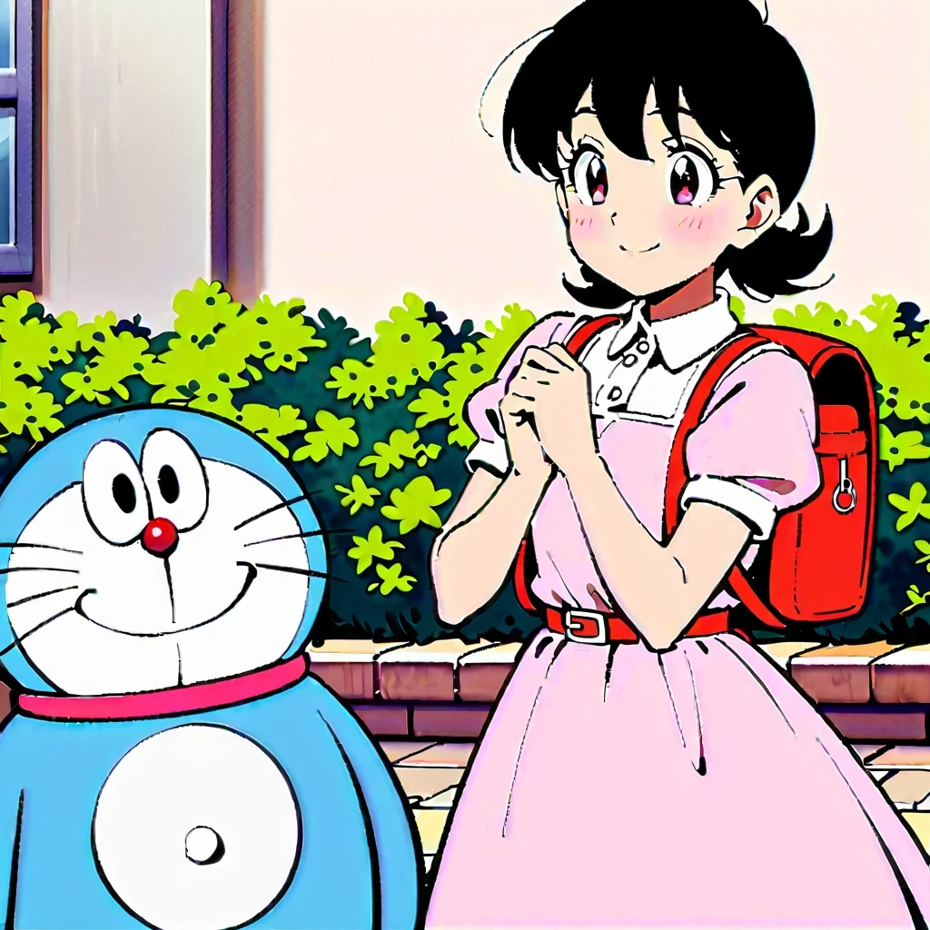 Shizuka Minamoto, Doraemon heroine, and her iconic short black hair, doe&#39;s big eyes, and fair complexion; Wearing a pink dress，Carrying a red backpack; Cover your cheeks with your hands and smile softly, With the nostalgic campus as the background; Shot in retro anime style, Reminiscent of a DVD screen capture from a movie, embrace subtlety, pastel color palette, Exudes a charming and lively atmosphere.