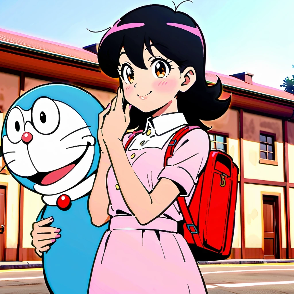 Shizuka Minamoto, Doraemon heroine, and her iconic short black hair, doe&#39;s big eyes, and fair complexion; Wearing a pink dress，Carrying a red backpack; Cover your cheeks with your hands and smile softly, With the nostalgic campus as the background; Shot in retro anime style, Reminiscent of a DVD screen capture from a movie, embrace subtlety, pastel color palette, Exudes a charming and lively atmosphere.