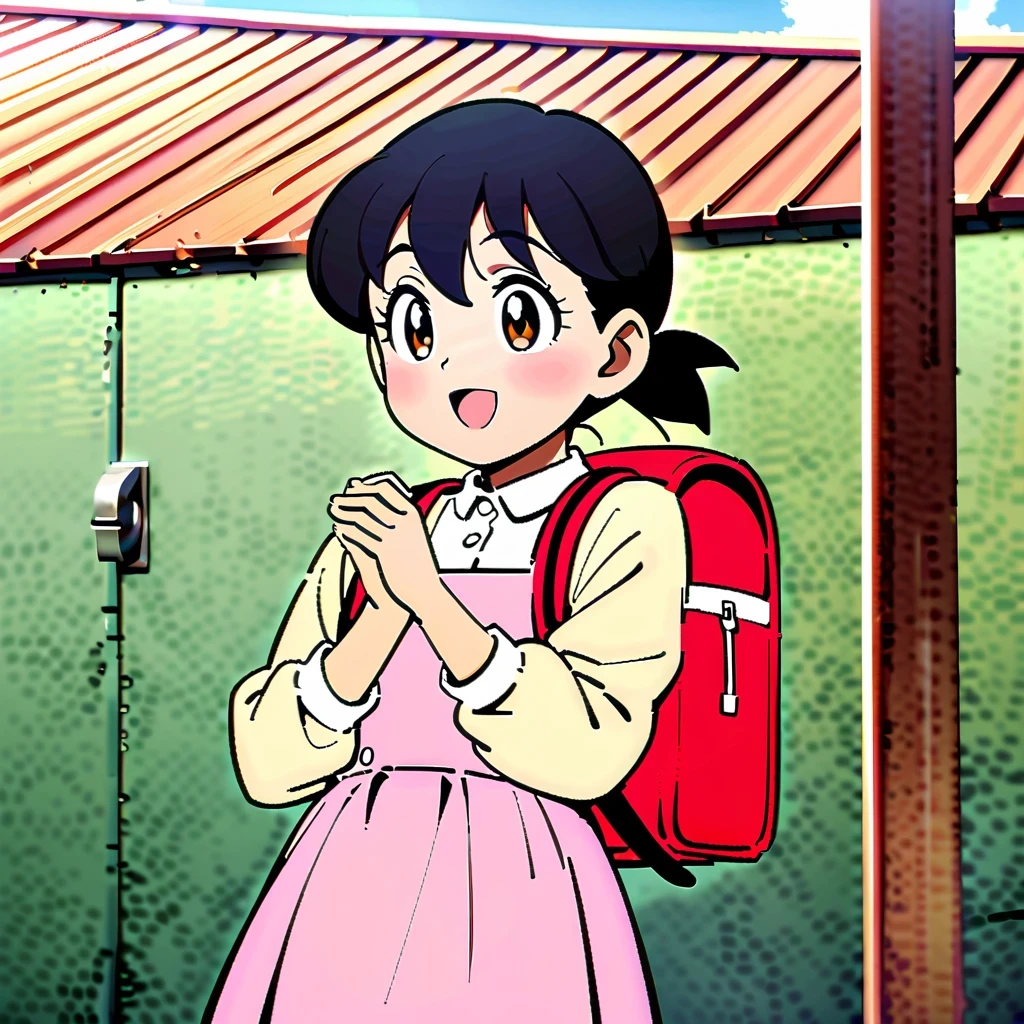 Shizuka Minamoto, Doraemon heroine, and her iconic short black hair, doe&#39;s big eyes, and fair complexion; Wearing a pink dress，Carrying a red backpack; Cover your cheeks with your hands and smile softly, With the nostalgic campus as the background; Shot in retro anime style, Reminiscent of a DVD screen capture from a movie, embrace subtlety, pastel color palette, Exudes a charming and lively atmosphere.