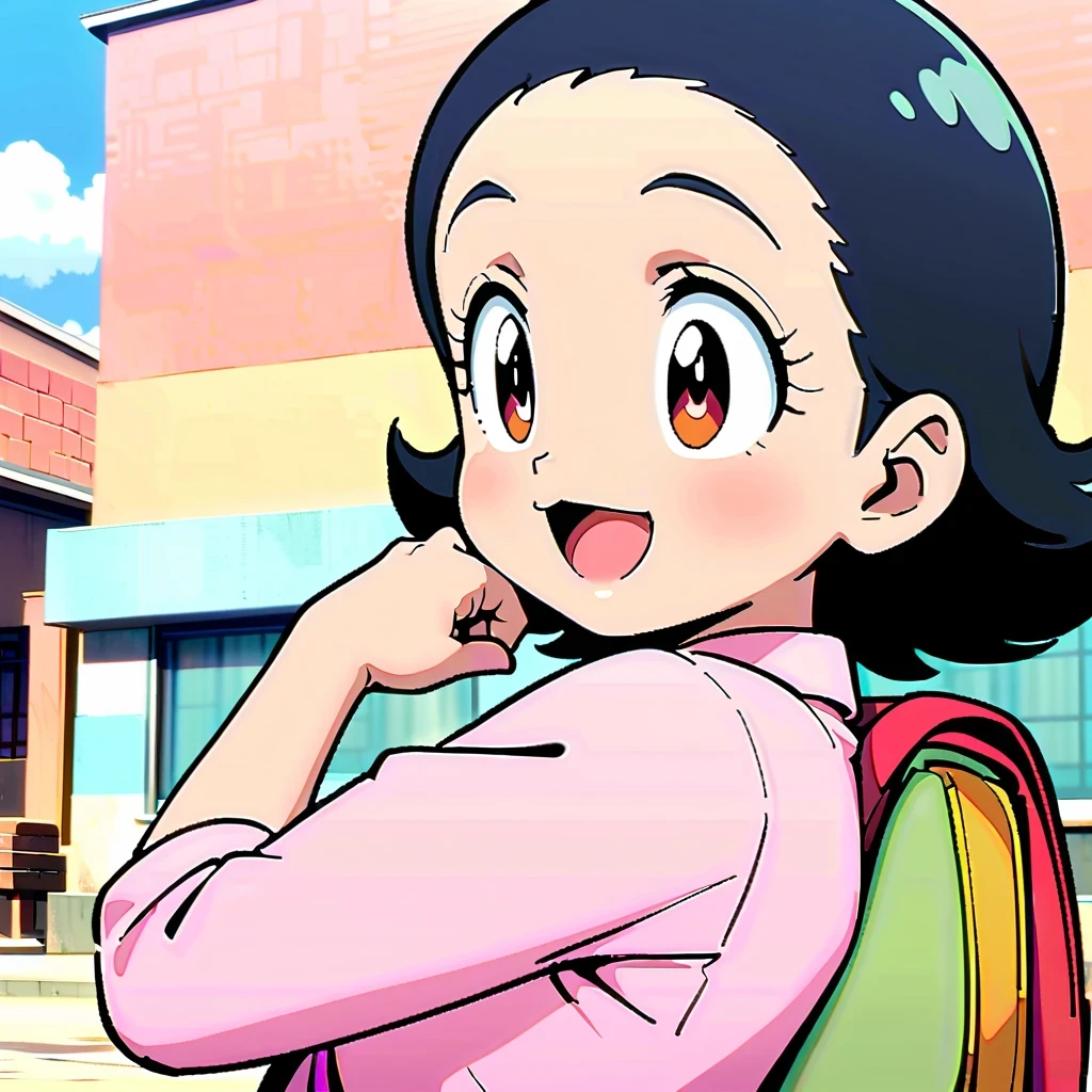 Shizuka Minamoto, Doraemon heroine, and her iconic short black hair, doe&#39;s big eyes, and fair complexion; Wearing a pink dress，Carrying a red backpack; Cover your cheeks with your hands and smile softly, With the nostalgic campus as the background; Shot in retro anime style, Reminiscent of a DVD screen capture from a movie, embrace subtlety, pastel color palette, Exudes a charming and lively atmosphere.