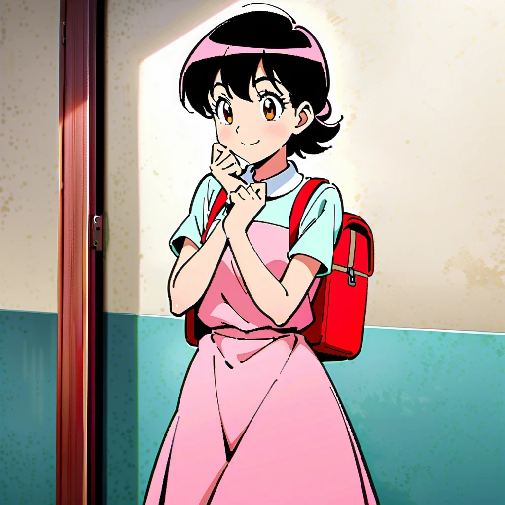 Shizuka Minamoto, Doraemon heroine, and her iconic short black hair, doe&#39;s big eyes, and fair complexion; Wearing a pink dress，Carrying a red backpack; Cover your cheeks with your hands and smile softly, With the nostalgic campus as the background; Shot in retro anime style, Reminiscent of a DVD screen capture from a movie, embrace subtlety, pastel color palette, Exudes a charming and lively atmosphere.