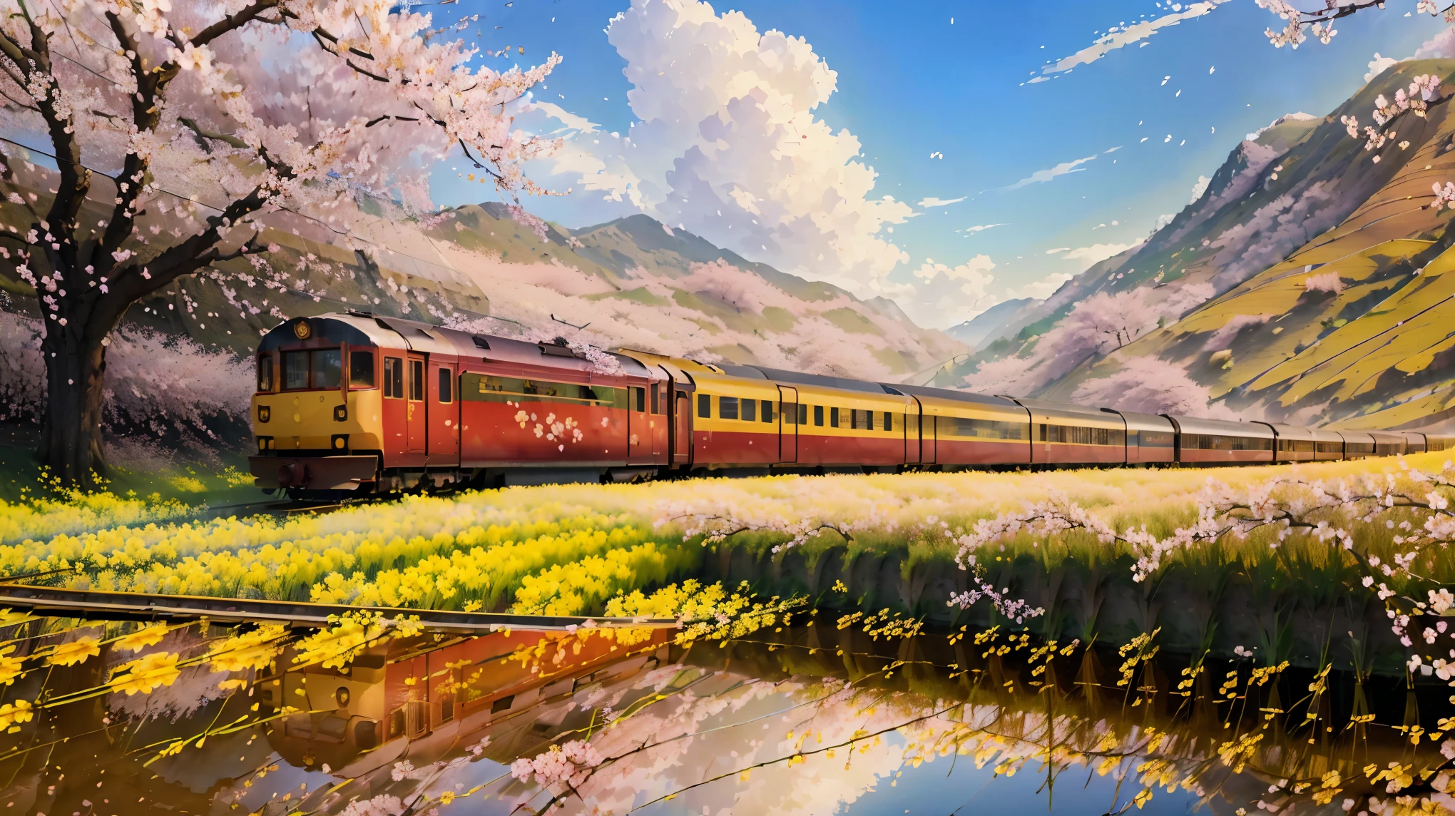 (de la máxima calidad, 4k, Alta resolución, obra maestra: 1.2), (((Tren de ferrocarril corriendo cerca de las flores de colza y los cerezos, Paisaje reflejado en los campos de arroz)))、Luz natural suave, La belleza de la luz reflejada.、Paisaje reflejado como un espejo, armonioso, impresionante, Colores brillantes, Paleta de colores cálidos y acogedores, Briznas de hierba meciéndose con la brisa, ambiente tranquilo y pacífico.