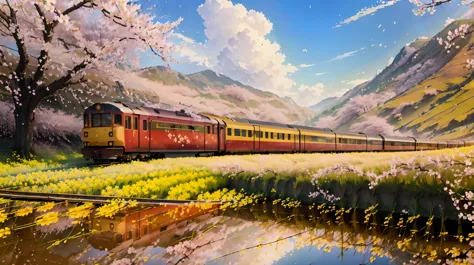 (highest quality, 4K, High resolution, masterpiece: 1.2), (((Railway train running near rape blossoms and cherry blossoms, Lands...