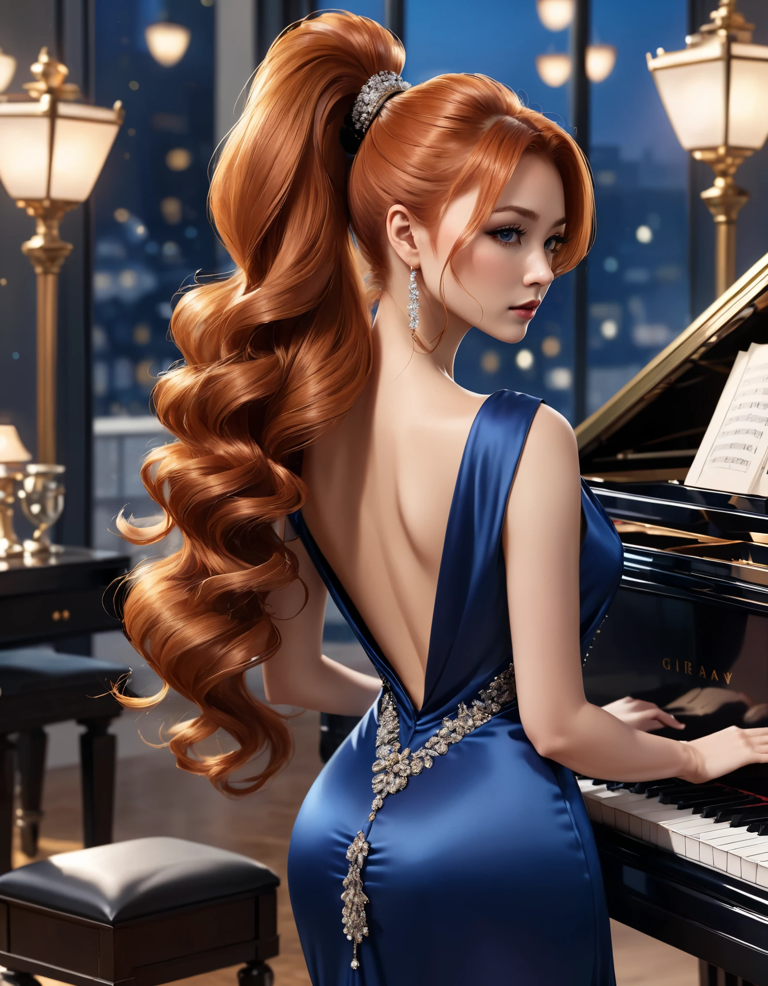 8k, highly detailed, masterpiece, solo, (mega ponytail), (big hair), ginger hair, mature woman, sultry, (blue satin evening gown), art deco, looking at viewer, [[grand piano]], jewelry, bokeh, high saturation