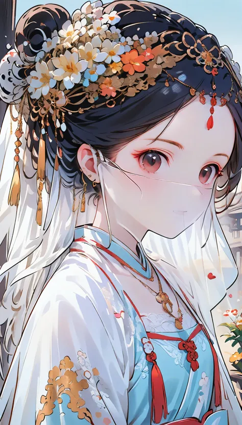 (masterpiece, best quality:1.2),  curly hair curly hair,Head close-up,Eyes are very delicate,Chinese beauty,Gorgeous lace golden red Hanfu,whole body（（（hair accessories）））（（（veil）））,necklace,（（shiny skin））a garden with many flowers,（（（masterpiece）））, （（bes...