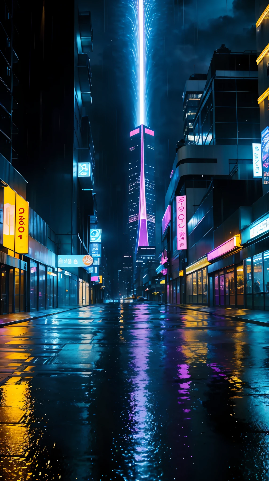 A sparkling landscape reflected in a water mirror、Futuristic neon street with rain (highest quality、4K、8k、High resolution、masterpiece:1.2)、Super detailed、(realistic、Photo realistic、Photo realistic:1.37)、Bright colors、HDR、bokeh、studio lighting landscape、cityscape、rainy scene、Reflective surface、Water mirror、Twinkle effect、shining light、neon sign、street、building、futuristic atmosphere、Rainy street、reflected light、sparkling reflections、dark alley、moody atmosphere、sophisticated architecture、modern skyscrapers、wet pavement、vehicle of the future、fashionable pedestrian、exciting energy、shiny surface、impressive light trajectory、city skyline、blurred motion lights、technological progresodern lifestyle、Urban Exploration