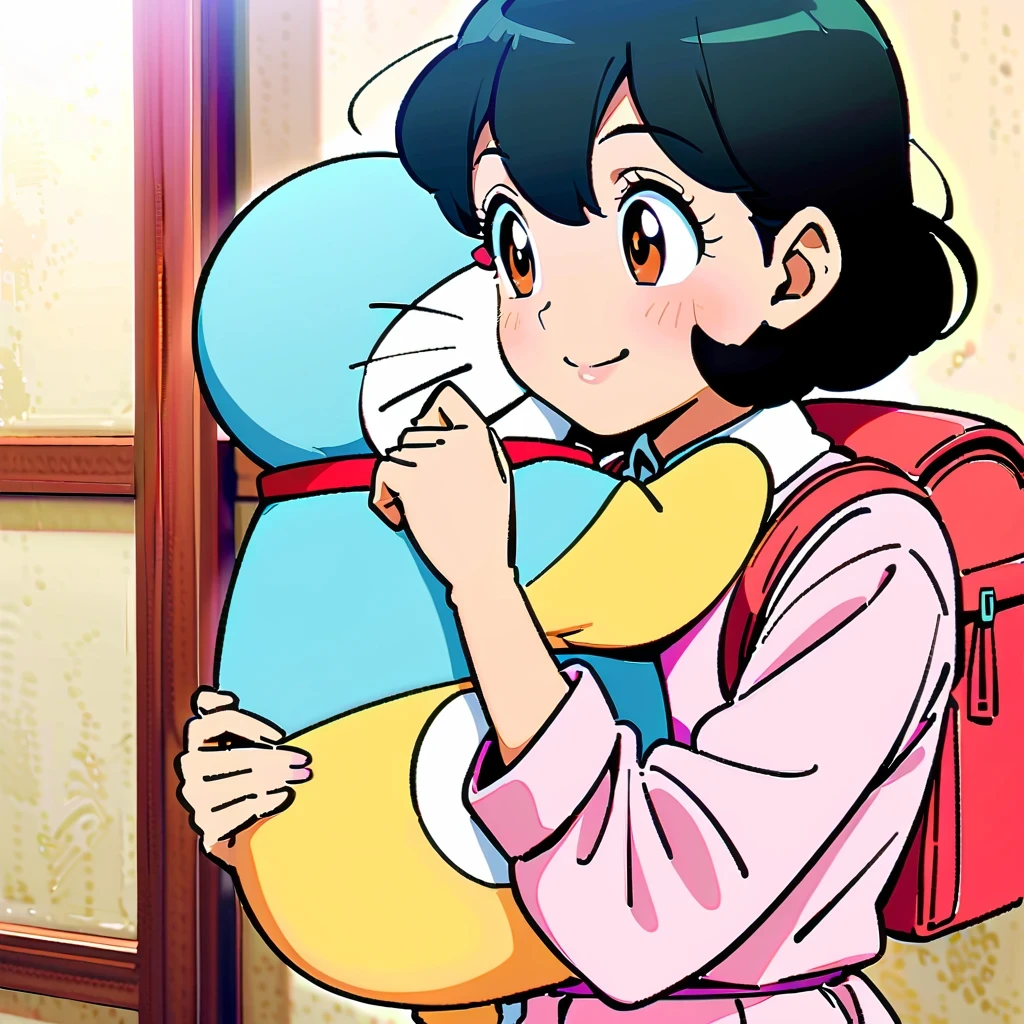 Shizuka Minamoto, Doraemon heroine, and her iconic short black hair, doe&#39;s big eyes, and fair complexion; Wearing a pink dress，Carrying a red backpack; Cover your cheeks with your hands and smile softly, With the nostalgic campus as the background; Shot in retro anime style, Reminiscent of a DVD screen capture from a movie, embrace subtlety, pastel color palette, Exudes a charming and lively atmosphere.