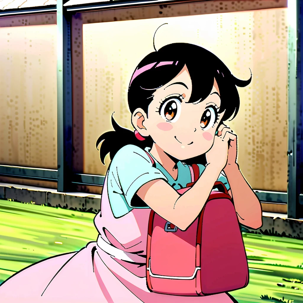 Shizuka Minamoto, Doraemon heroine, and her iconic short black hair, doe&#39;s big eyes, and fair complexion; Wearing a pink dress，Carrying a red backpack; Cover your cheeks with your hands and smile softly, With the nostalgic campus as the background; Shot in retro anime style, Reminiscent of a DVD screen capture from a movie, embrace subtlety, pastel color palette, Exudes a charming and lively atmosphere.