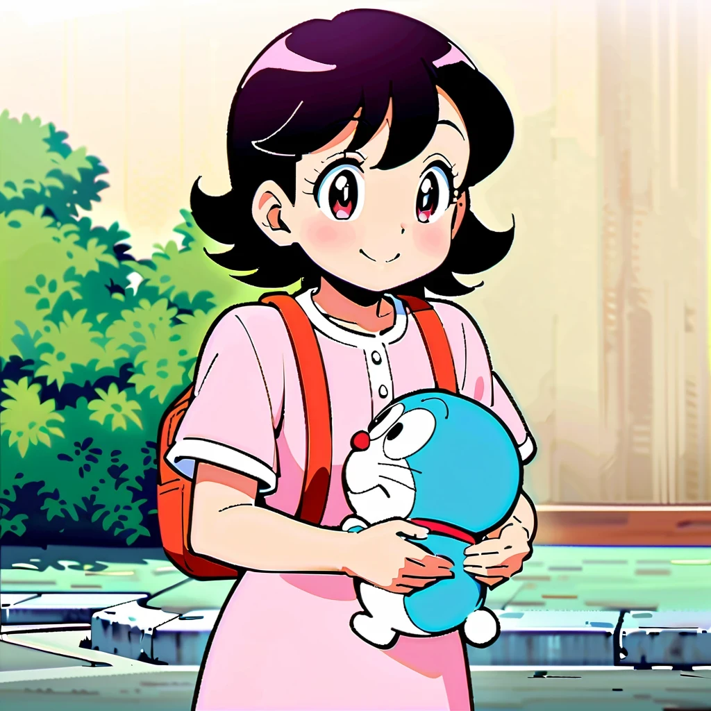 Shizuka Minamoto, Doraemon heroine, and her iconic short black hair, doe&#39;s big eyes, and fair complexion; Wearing a pink dress，Carrying a red backpack; Cover your cheeks with your hands and smile softly, With the nostalgic campus as the background; Shot in retro anime style, Reminiscent of a DVD screen capture from a movie, embrace subtlety, pastel color palette, Exudes a charming and lively atmosphere.