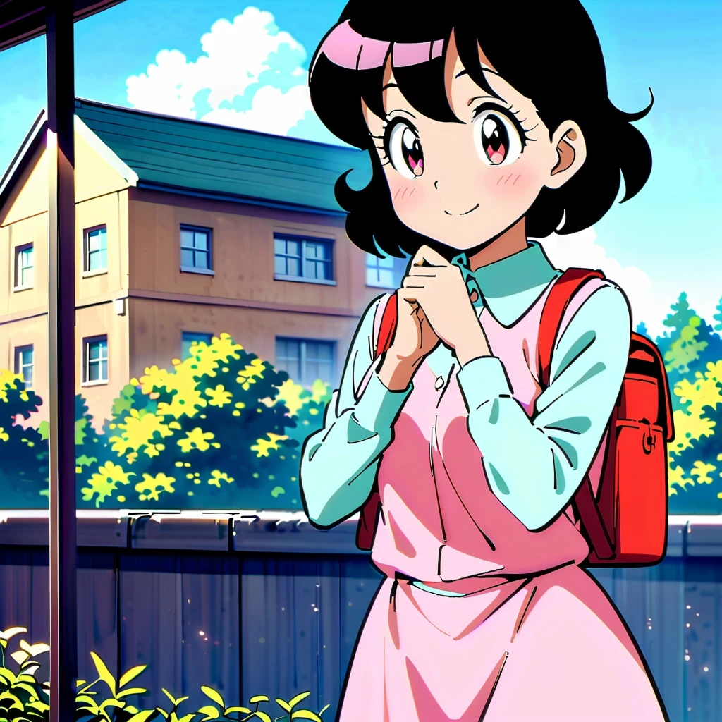 Shizuka Minamoto, Doraemon heroine, and her iconic short black hair, doe&#39;s big eyes, and fair complexion; Wearing a pink dress，Carrying a red backpack; Cover your cheeks with your hands and smile softly, With the nostalgic campus as the background; Shot in retro anime style, Reminiscent of a DVD screen capture from a movie, embrace subtlety, pastel color palette, Exudes a charming and lively atmosphere.