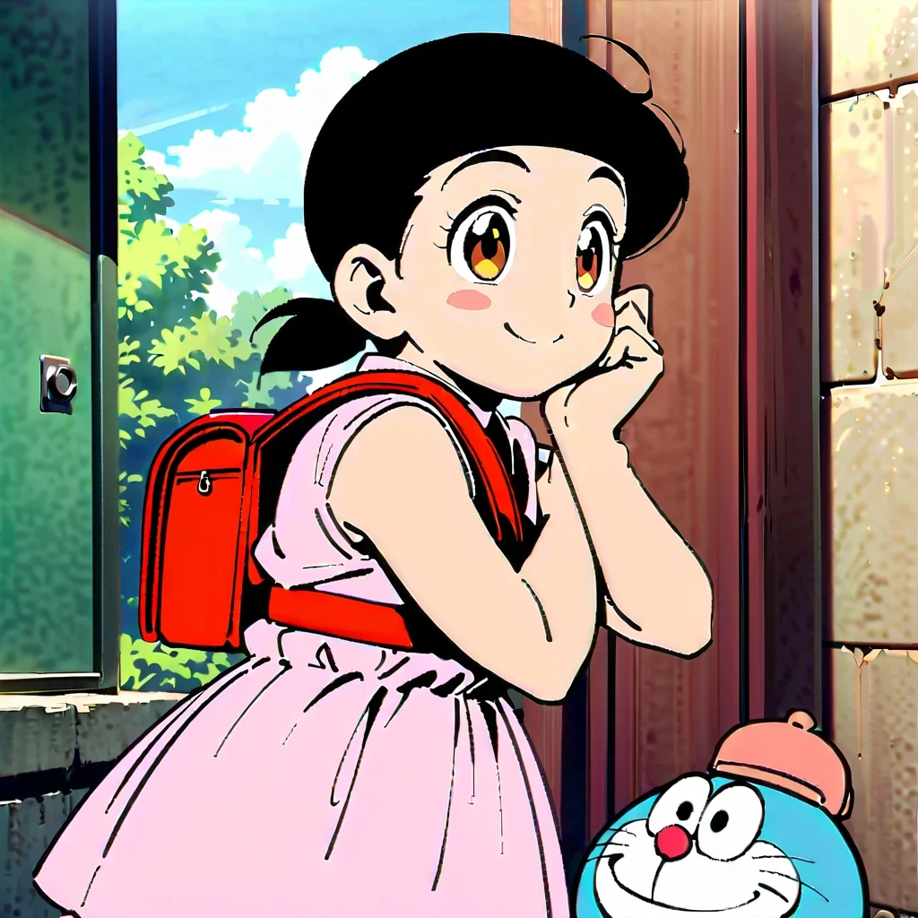 Shizuka Minamoto, Doraemon heroine, and her iconic short black hair, doe&#39;s big eyes, and fair complexion; Wearing a pink dress，Carrying a red backpack; Cover your cheeks with your hands and smile softly, With the nostalgic campus as the background; Shot in retro anime style, Reminiscent of a DVD screen capture from a movie, embrace subtlety, pastel color palette, Exudes a charming and lively atmosphere.