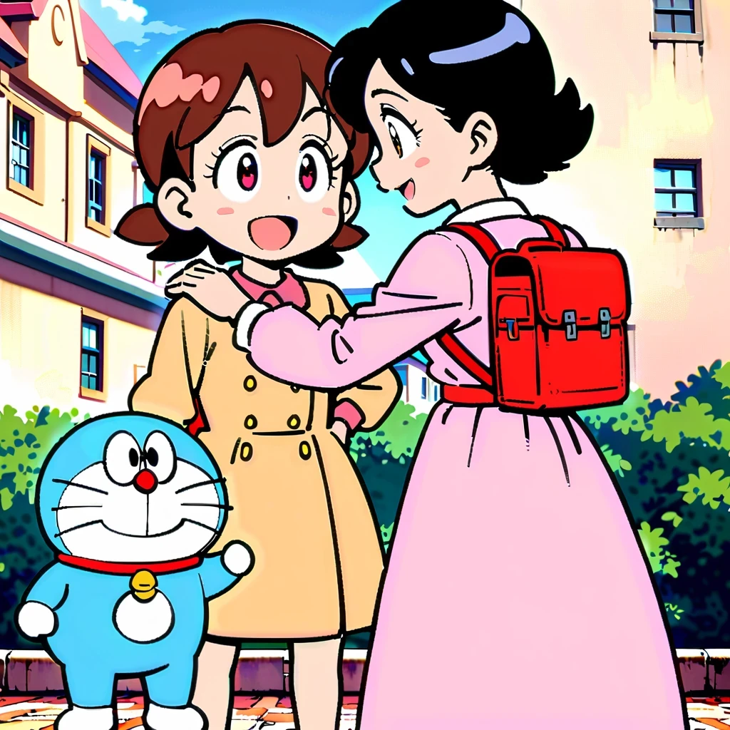 Shizuka Minamoto, Doraemon heroine, and her iconic short black hair, doe&#39;s big eyes, and fair complexion; Wearing a pink dress，Carrying a red backpack; Cover your cheeks with your hands and smile softly, With the nostalgic campus as the background; Shot in retro anime style, Reminiscent of a DVD screen capture from a movie, embrace subtlety, pastel color palette, Exudes a charming and lively atmosphere.