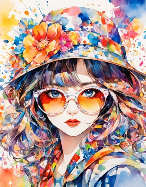 beautiful woman portrait, sylvia pelissero watercolors, colorful flowers、beautiful eyes、 abstract art, intense watercolor, water...