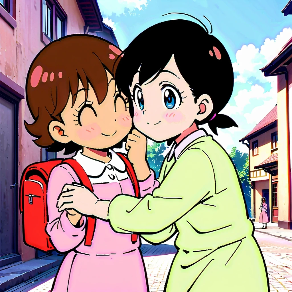 Shizuka Minamoto, Doraemon heroine, and her iconic short black hair, doe&#39;s big eyes, and fair complexion; Wearing a pink dress，Carrying a red backpack; Cover your cheeks with your hands and smile softly, With the nostalgic campus as the background; Shot in retro anime style, Reminiscent of a DVD screen capture from a movie, embrace subtlety, pastel color palette, Exudes a charming and lively atmosphere.