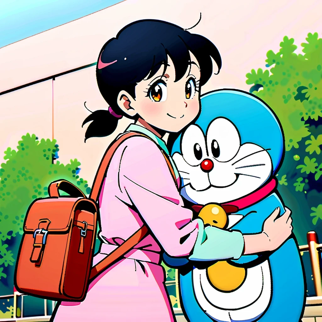 Shizuka Minamoto, Doraemon heroine, and her iconic short black hair, doe&#39;s big eyes, and fair complexion; Wearing a pink dress，Carrying a red backpack; Cover your cheeks with your hands and smile softly, With the nostalgic campus as the background; Shot in retro anime style, Reminiscent of a DVD screen capture from a movie, embrace subtlety, pastel color palette, Exudes a charming and lively atmosphere.