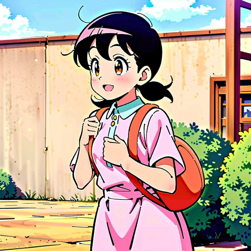 Shizuka Minamoto, Doraemon heroine, and her iconic short black hair, doe&#39;s big eyes, and fair complexion; Wearing a pink dress，Carrying a red backpack; Cover your cheeks with your hands and smile softly, With the nostalgic campus as the background; Shot in retro anime style, Reminiscent of a DVD screen capture from a movie, embrace subtlety, pastel color palette, Exudes a charming and lively atmosphere.