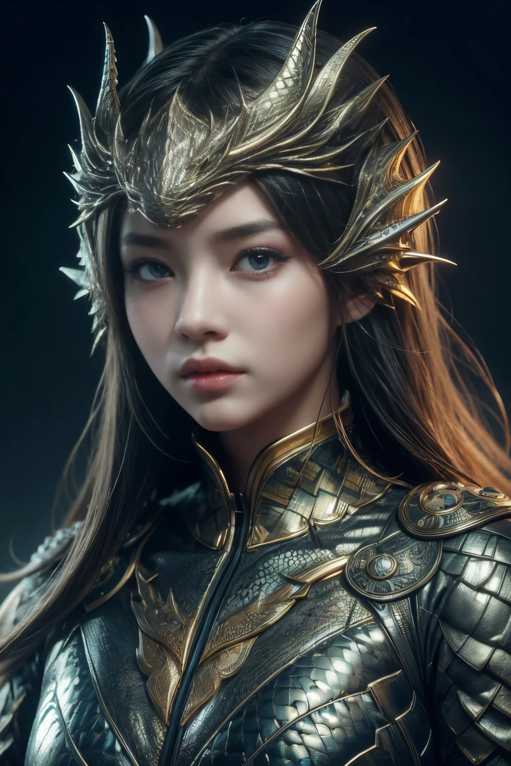 (alta qualidade), (obra de arte), (detalhado), 8K, Retrato hiper-realista de um mundo futurista (1menina1.2), Personagem japonês adornado com escamas de dragão. Detalhes meticulosos capturam a mistura perfeita de tradição e inovação nesta composição visualmente deslumbrante. tendências no artstation.