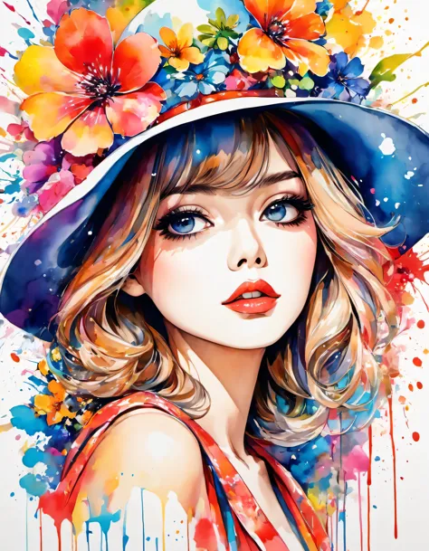 beautiful woman portrait, Sylvia Pelissero watercolors, colorful flowers、beautiful eyes、 abstract art, intense watercolor, water...