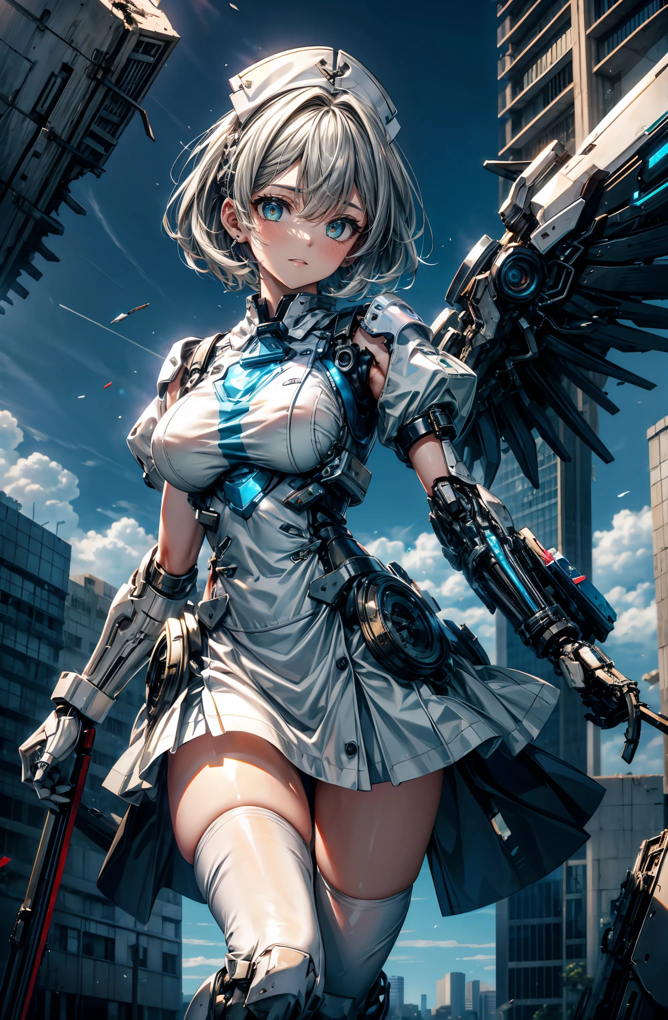 hyper quality、8K quality、High resolution、Image quality taken with a single-lens reflex camera、(SFW)、perfect anatomy、(White theme)Critical care、Mecha girl of justice、Beautiful girl with short gray ash hair、green eyes、Goddess smile、big breasts、（exposed thighs、squat:1.2）(white long nurse uniform、nurse style long skirt、medical equipment 1.6)(Mechanical parts below the elbow and below the knee:1.3)BREAK、（perfect anatomy:1.4）BREAK(white broken wall、daytime outdoors、Endless blue sky、horizon、destroyed city、A city where hope has disappeared:1.3)