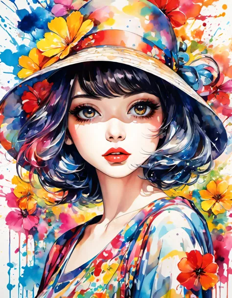 beautiful woman portrait, Sylvia Pelissero watercolors, colorful flowers、beautiful eyes、 abstract art, intense watercolor, water...