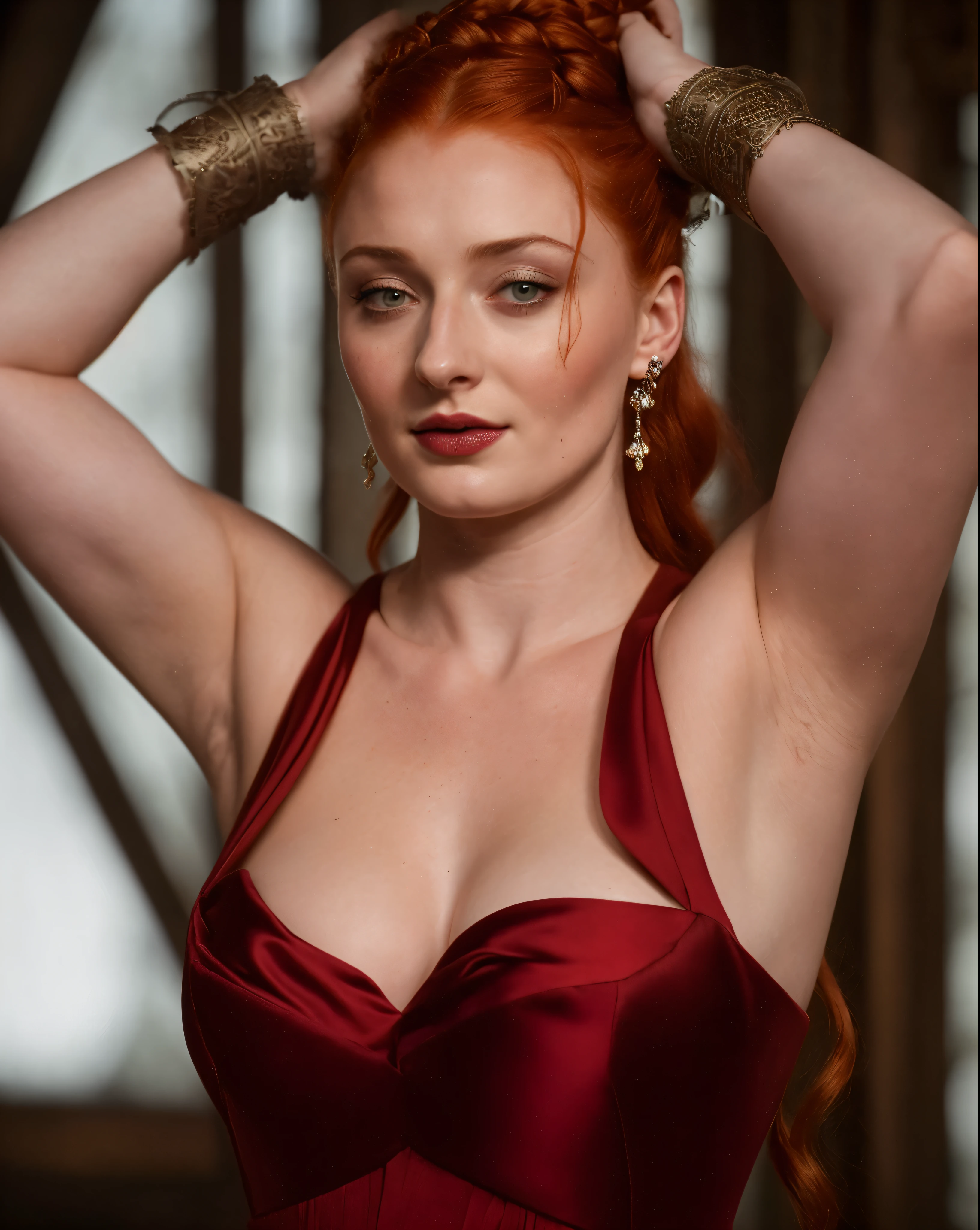 Cara de Sophie Turner, Sansa Stark interpretada por Sophie Turner, la Dama de facto del Nido de Águilas, es una reina madura de 40 años con una espectacular, apariencia seductora. cara completa, ojos perforados, labios rojizos, tiro en la parte superior del cuerpo, trajes eróticos medievales, disfraces de juego de tronos, Lleva un disfraz inspirado en Juego de Tronos y tiene un escote profundo., un cuerpo grueso perfecto, y una figura gruesa perfecta. La fotografía la capta en un primer plano., con la textura de su piel y sus rasgos faciales ultrarrealistas y realistas..