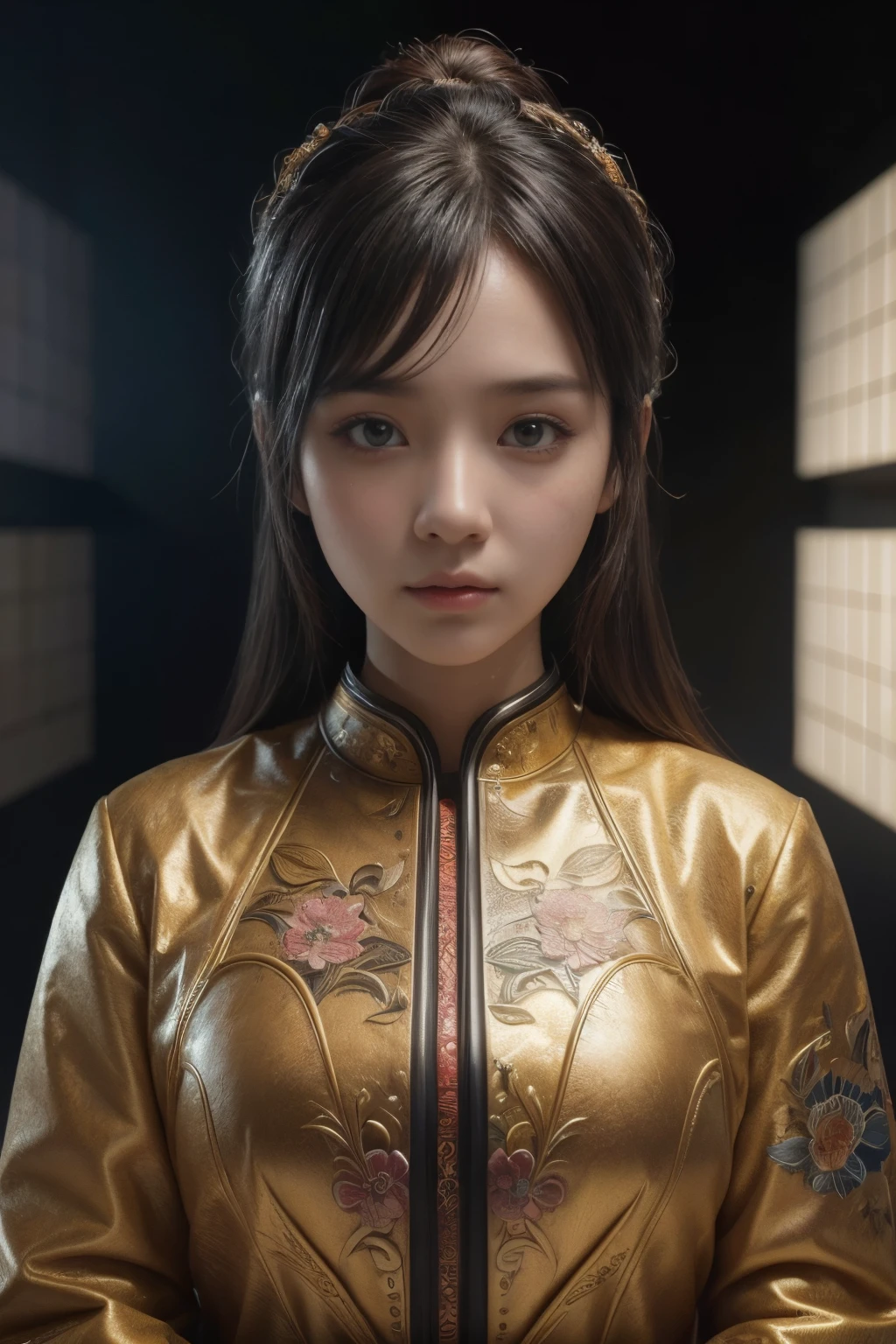 (high quality), (masterpiece), (detailed), 8K, Hyper-realistic portrayal of a futuristic (1girl1.2), Japanese character in a batik-inspired environment. Meticulous details capture the seamless blend of tradition and innovation in this visually stunning composition. Trending on Artstation.