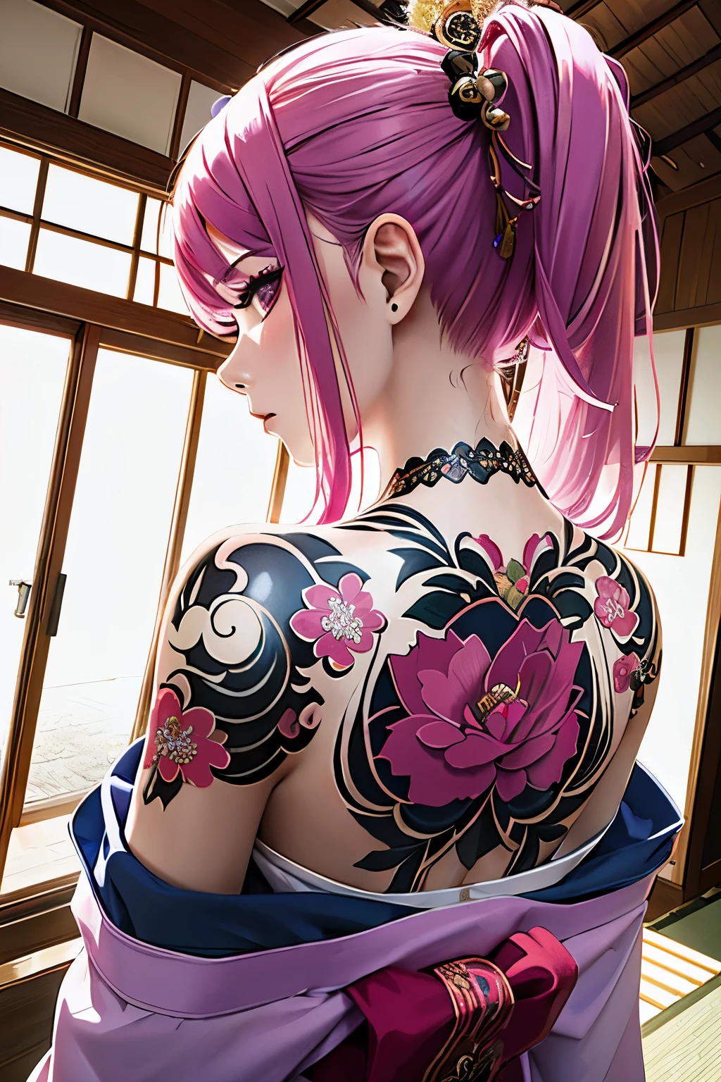 (masterpiece, top quality, best quality, official art, beautiful and aesthetic:1.2),1girl, tattoo, solo, japanese clothes,  hair ornament, unsheathing, pink hair, sheath, back tattoo, violet eyes,  off shoulder, bare shoulders, looking back, from behind, flower, looking at viewer,  holding, makeup, 
indoor,