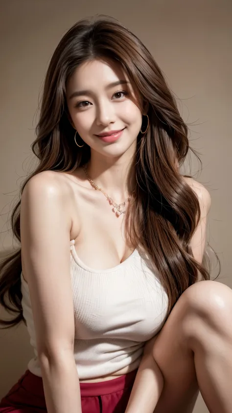 best quality,8k, Detailed facial depictions, Detailed eye description, Brown hair(long wavyhair),beautiful korean girl, 21 years old, Taking off your underwear, bare-breasted, slim body, medium chest size, Sitting with your legs apart, Smiling face, Colorf...