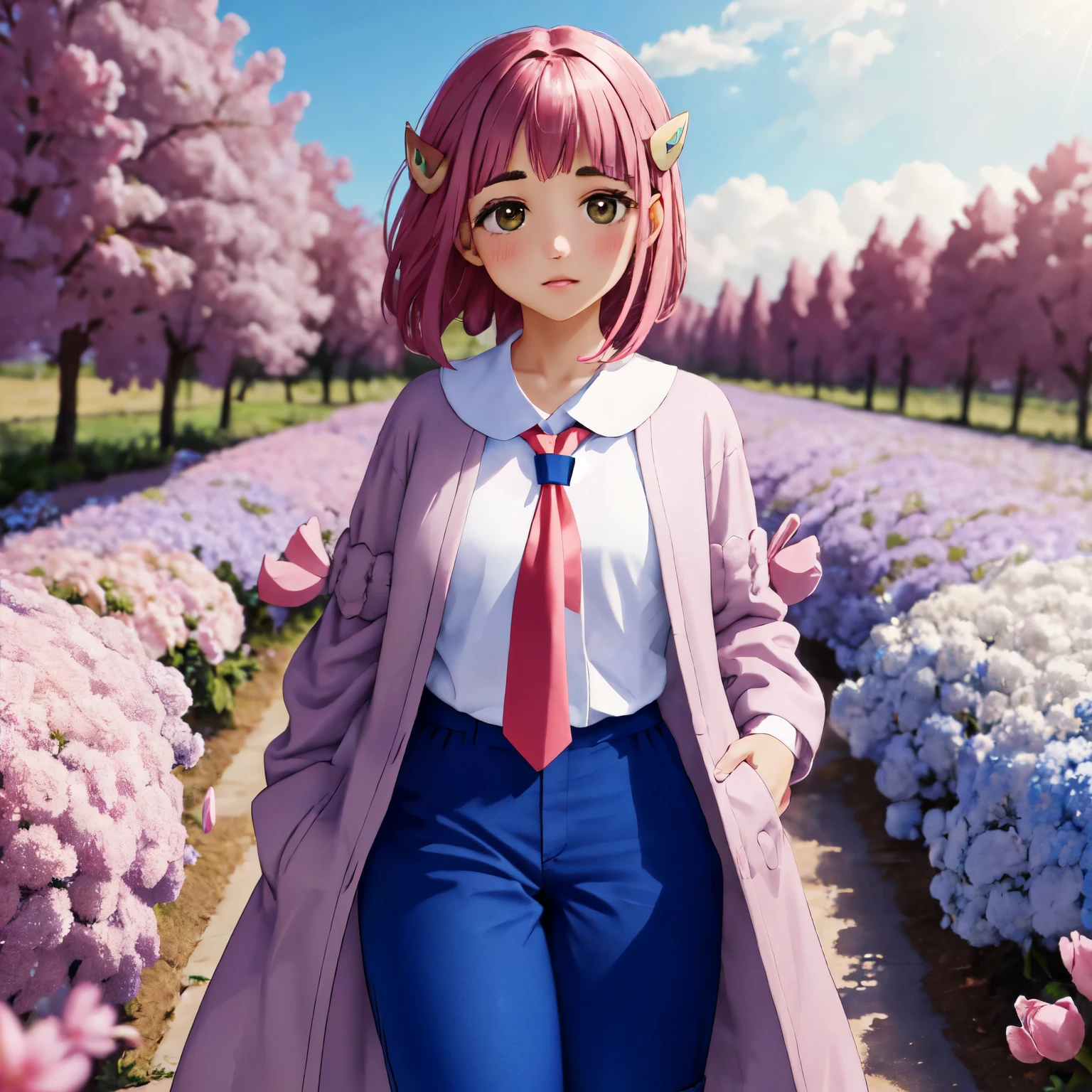 A girl with pink hair is standing alone in a sunny, flower-filled field. She is wearing a coat over a white shirt and blue pants, with a necktie. Her skin is highly detailed, with a blush on her cheeks. The scene is  with vibrant colors and dreamy lighting. The overall quality of the image is the highest possible, with high resolution and sharp focus.