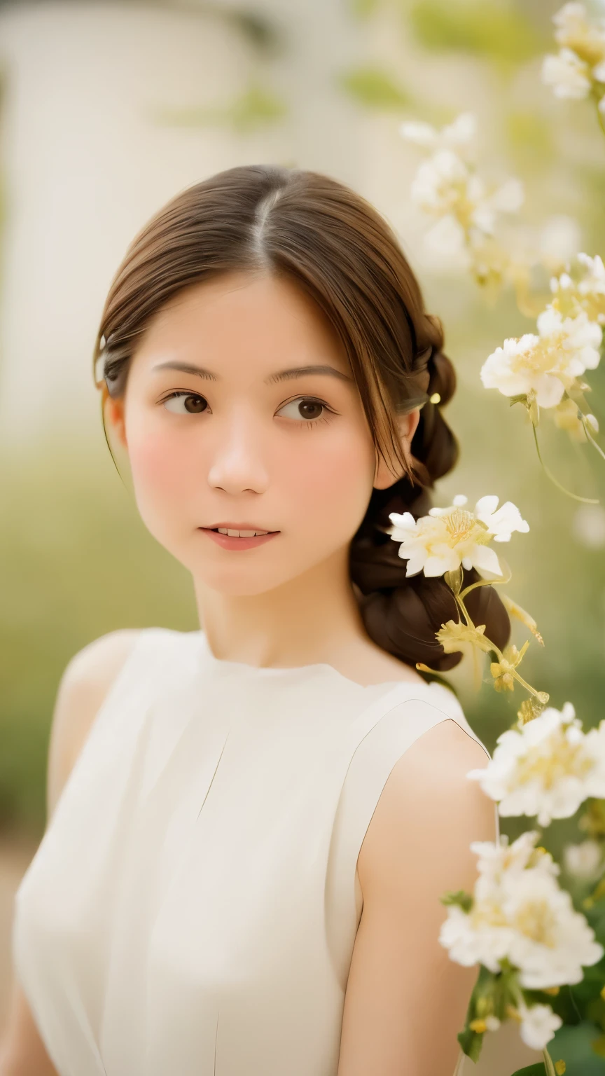 realistic, High resolution, soft light,1 female, １６Year、small breasts、Japanese、alone, waist rises higher, glowing skin, (detailed face),jewelry, brown hair,french braid、white_dress、Stylish dress、flower garden,(dynamic angle:1.1),wonderful,Soft and warm color palette, delicate brushstrokes, Targeted use of light and shadow, wide shot,The deliciousness of wilted flowers,high contrast,Color contrast,Masseter muscle part:1.3